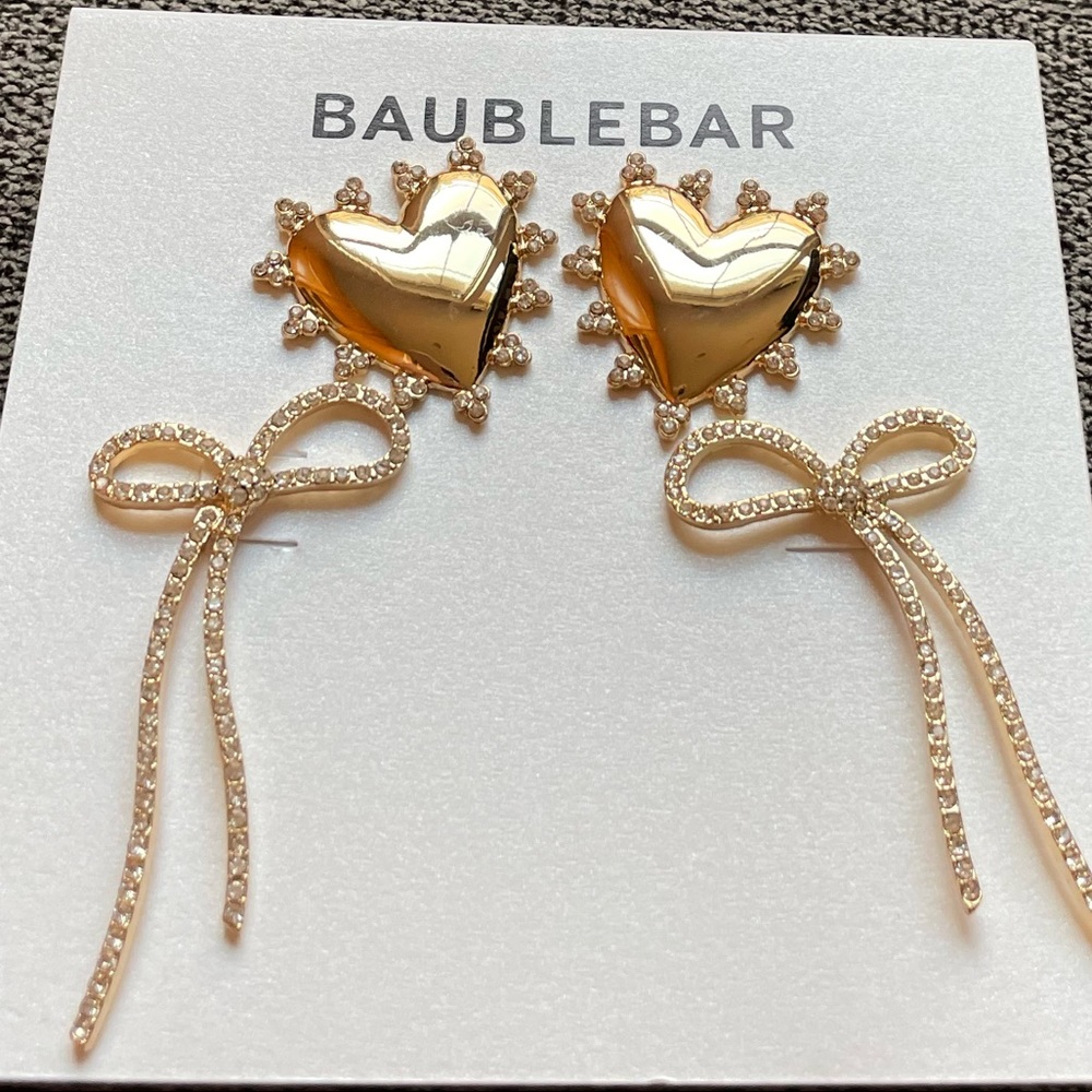 NWT BaubleBar 2-Pack Earrings, Gold Sparkly Hearts and Bows